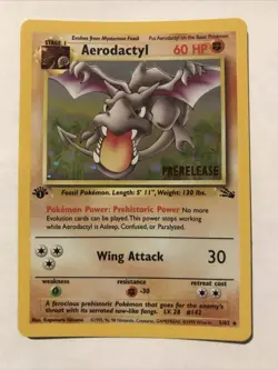 1st Edition Aerodactyl 1/62 PRERELEASE Brown Stamp Fossil Holo 1999 Pokemon Card - Image 1