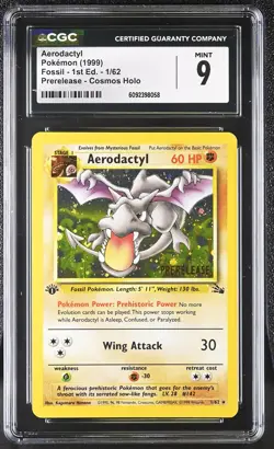 CGC 9 Aerodactyl Fossil 1st Edition 1/62 Prerelease Cosmos Holo Pokemon Card - Image 1