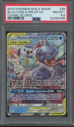 2019 Pokemon Sun & Moon Cosmic Eclipse #38 Blastoise & Piplup GX PSA 8.5 - Image 1
