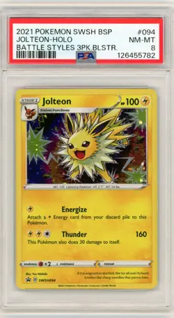 2021 Pokemon Jolteon Battle Styles SWSH094 Black Star Promo Holo Card PSA 8 - Image 1