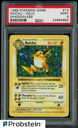 1999 Pokemon Game #14 Raichu Shadowless Holo PSA 9 MINT - Image 1