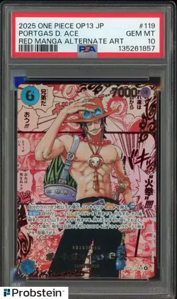 2025 One Piece OP13 Japanese #119 Portgas D. Ace Red Manga Alternate Art PSA 10 - Image 1