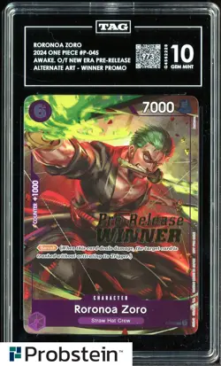 2024 One Piece P-045 Prerelease Winner Roronoa Zoro TAG Score 973 GEM MINT 10 - Image 1