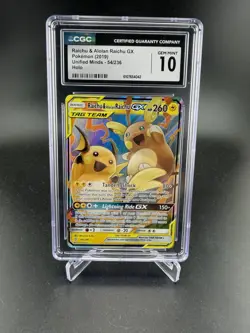 CGC GEM MINT 10 Pokemon Raichu & Alolan Raichu GX 54/236 Sm-Unified Minds Holo - Image 1