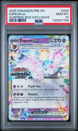 PSA 10 ESPEON #034 SURPRISE BOX EXCLUSIVE STAMPED 2025 POKEMON PRE EN PRISMATIC - Image 2