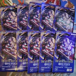 10 x One Piece OP14 - THE AZURE SEA’S SEVEN - Sleeved Blister Booster Packs Lot - Image 1