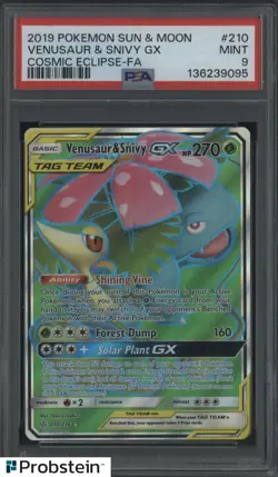 2019 POKEMON SUN & MOON COSMIC ECLIPSE #210 VENUSAUR & SNIVY GX FA PSA 9 - Image 1