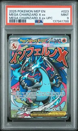 2025 POKEMON MEP EN-ME BLACK STAR PROMO #023 MEGA CHARIZARD X ex UPC PSA 9 - Image 1