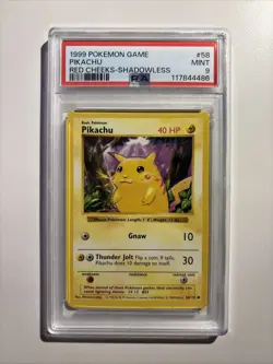 1999 Pokemon TCG Base Set Pikachu #58 Red Cheeks-Shadowless PSA 9 - Image 1