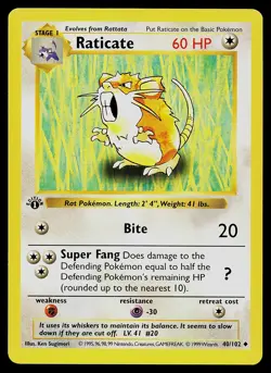 Pokemon Card - Raticate Base Set (Shadowless) 40/102 Uncommon 1st Edition - Image 1