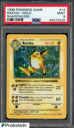 1999 Pokemon Game Shadowless #14 Raichu Holo PSA 9 MINT - Image 1