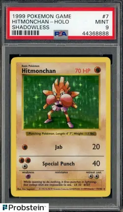 1999 Pokemon Game Shadowless #7 Hitmonchan Holo PSA 9 MINT - Image 1