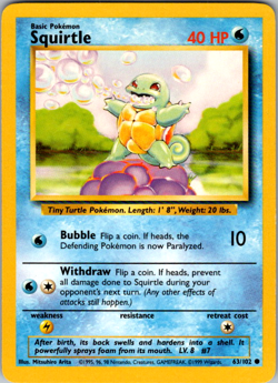 Squirtle 63/102 Base Set WOTC 1999 Vintage Pokemon Card Common - Image 1