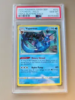 2020 Pokemon EN SWSH BSP Triple Blister Pack SWSH072 Vaporeon Holo PSA 10 - Image 2