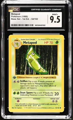 CGC 9.5 MINT+ Metapod 1999 Base Set - 1st Edition 54/102 Common Pokemon Card - Image 1
