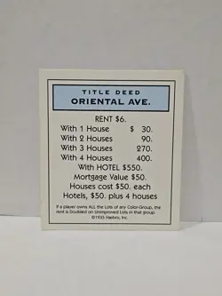 1996 Monopoly Oriental Ave. Replacement Deed Card - Image 1