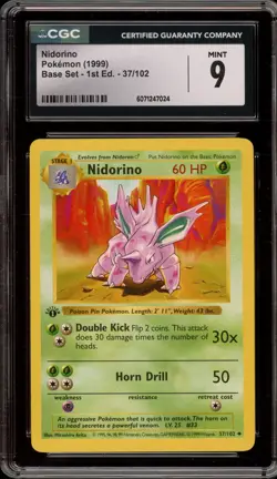 Pokemon Nidorino Base Set Shadowless 1st Edition #37 CGC 9 Mint - Image 1