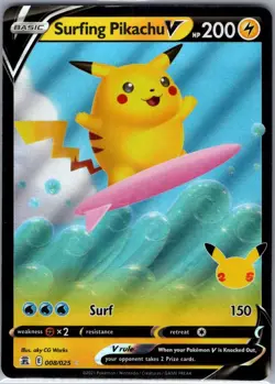 Surfing Pikachu V 008/025 Celebrations - Pokemon Card - NM - Image 1