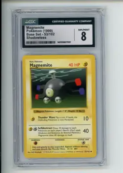 1999 Pokemon Base Set Magnemite 53/102 Unlimited Shadowless CGC 8 NM/MINT - Image 1