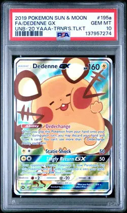 2019 POKEMON SUN & MOON UNBROKEN BONDS #195A FULL ART/DEDENNE GX PSA 10 - Image 1