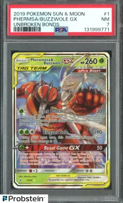 2019 POKEMON SUN & MOON UNBROKEN BONDS #1 PHERMSA/BUZZWOLE GX PSA 7 - Image 1