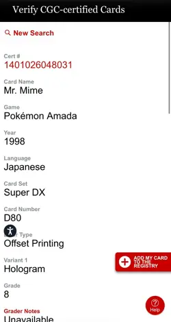 1998 Pokemon Super DX Amada Sticker -D80 MR. MIME - Ghost Rare CGC 8! Rare - Image 4
