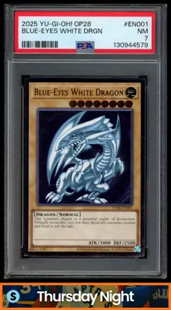 2025 YU-GI-OH! OTS OP28-EN001 BLUE-EYES WHITE DRAGON ULTIMATE RARE PSA 7 - Image 1