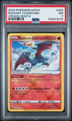 PSA 7 NM Radiant Charizard, SWSH Crown Zenith, Pokemon Radiant Rare, 020/159 - Image 1