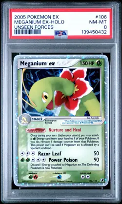 2005 POKEMON EX UNSEEN FORCES #106 MEGANIUM EX-HOLO PSA 8 - Image 1