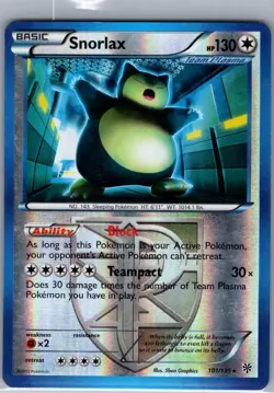 Snorlax (Team Plasma) 101/135 Reverse Holo Plasma Storm - Pokemon Card - NM - Image 1