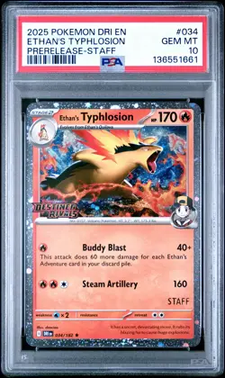 2025 POKEMON DRI EN-DESTINED RIVALS PRERELEASE-STAFF ETHAN'S TYPHLOSION PSA 10 - Image 1