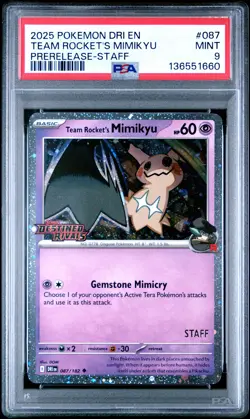 2025 POKEMON DRI EN-DESTINED RIVALS PRERELEASE-STAFF TEAM ROCKET'S MIMIKYU PSA 9 - Image 1