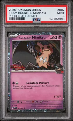 2025 POKEMON DRI EN-DESTINED RIVALS PRERELEASE-STAFF TEAM ROCKET'S MIMIKYU PSA 9 - Image 1