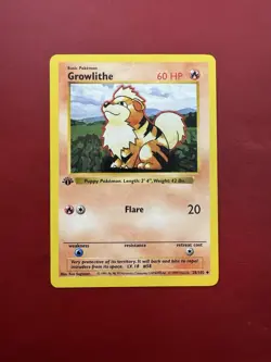 Growlithe 28/102 Shadowless 1st Edition Base Set Pokemon Card LP No Creases - Image 1