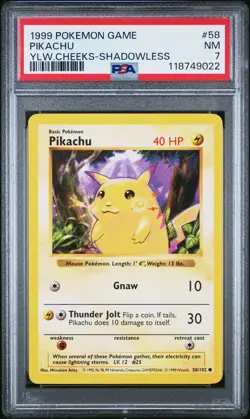 1999 POKEMON BASE SET SHADOWLESS YELLOW CHEEKS-#58 PIKACHU PSA 7 - Image 1