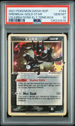 Pokemon Greninja Gold Star Celebrations ETB Black Star Holo Promo SWSH144 PSA 10 - Image 1