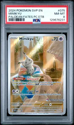 2024 POKEMON SVP PALDEAN FATES POKEMON CENTER ETB PROMO #075 MIMIKYU PSA 8 - Image 1