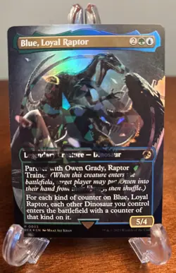 MTG Blue, Loyal Raptor Borderless Emblem Foil English Jurassic World LP Magic - Image 1