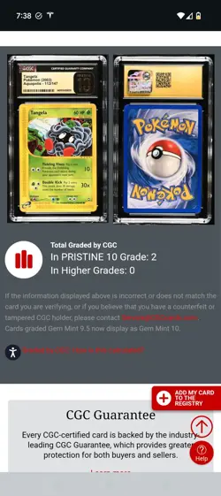 (POP 2) CGC 10 PRISTINE Tangela 112/147 Aquapolis E Reader Pokemon Card - Image 4