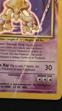 Alakazam Holo Rare Pokemon Card 1/102 Base Set 1999 Unlimited Damaged! - Image 2