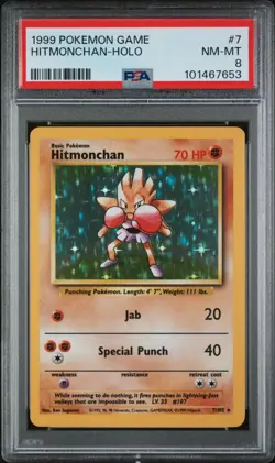 1999 Pokemon Game # 7 Hitmonchan Holo Unlimited 7/102 PSA 8 NM-MT - Image 1