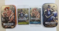 One Piece Sabo P-073 & Portgas.D. Ace P-074 Promo Card Sealed + 2 Empty Tins - Image 1