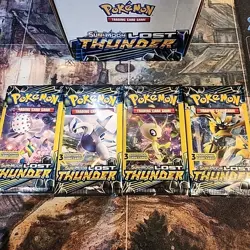 Pokemon Sun & Moon Lost Thunder (4) 3-Card Booster Packs Art Set 2018 Sealed - Image 1