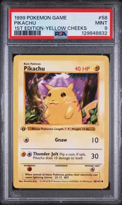 1999 Pokemon 1st Edition Base Set Shadowless Pikachu #58 Yellow Cheeks PSA 9 - Image 1
