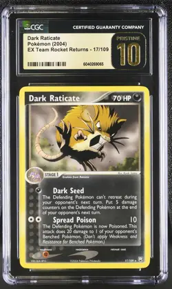 CGC 10 PRISTINE Dark Raticate EX Team Rocket Returns 17/109 Pokemon Card - Image 1