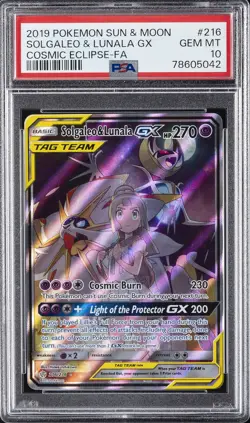 2019 POKEMON SUN & MOON COSMIC ECLIPSE #216 FULL ART/SOLGALEO & LUNALA GX PSA 10 - Image 1