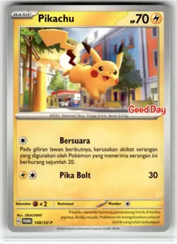 Pokemon 2024 Indonesia Pikachu Promo Card 148/SV-P Stamped Good Day - Image 1