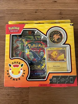 Pokemon TCG Pokemon Day 2026 Collection Box Pikachu Promo Coin 3 Booster Packs - Image 1