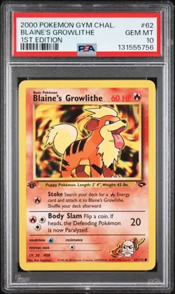 PSA 10 Gem Mint Pokemon Blaine's Growlithe 1st Edition Ed Gym Challenge 62 - Image 1