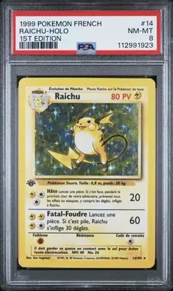 1999 Pokemon FRENCH 1st Edition Base Set Raichu Holo 14/102 PSA 8 NM-MT - Image 1